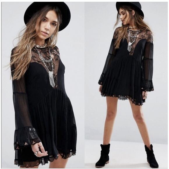 Free People beaded PANAMA CITY MINI DRESS black sz small - Picture 1 of 16